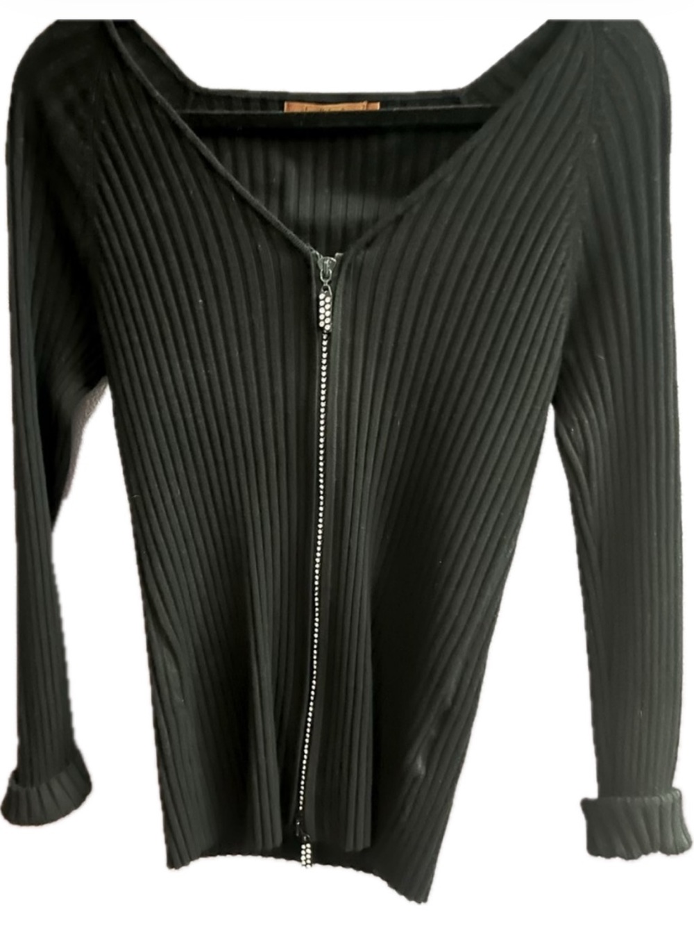 Belldini black ribbed stretch crystal rhinestone zipper tight sweater vintage